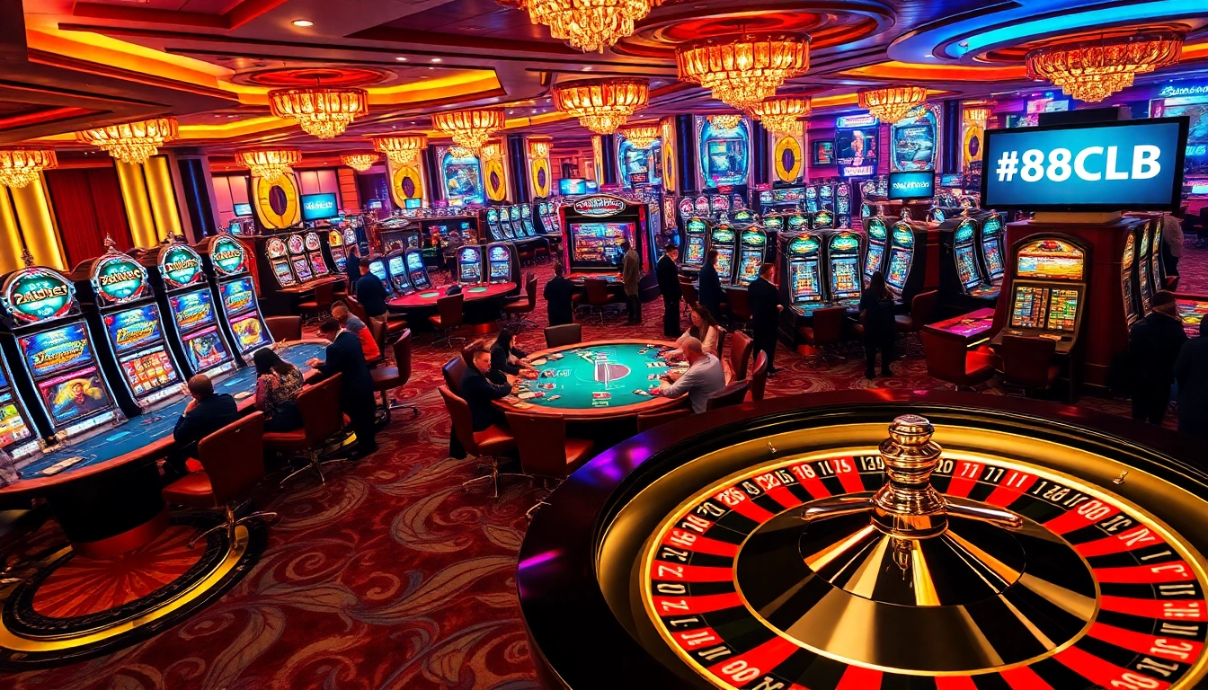 Experience the thrill of gambling at 88CLB, featuring poker tables, slot machines, and a lively casino atmosphere.