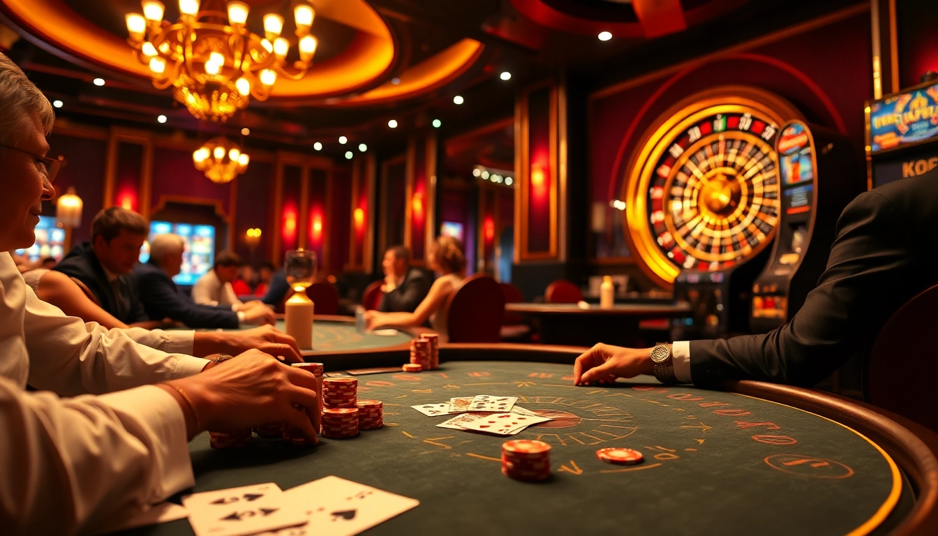 Supertkb88 features a thrilling casino scene with poker games and roulette.