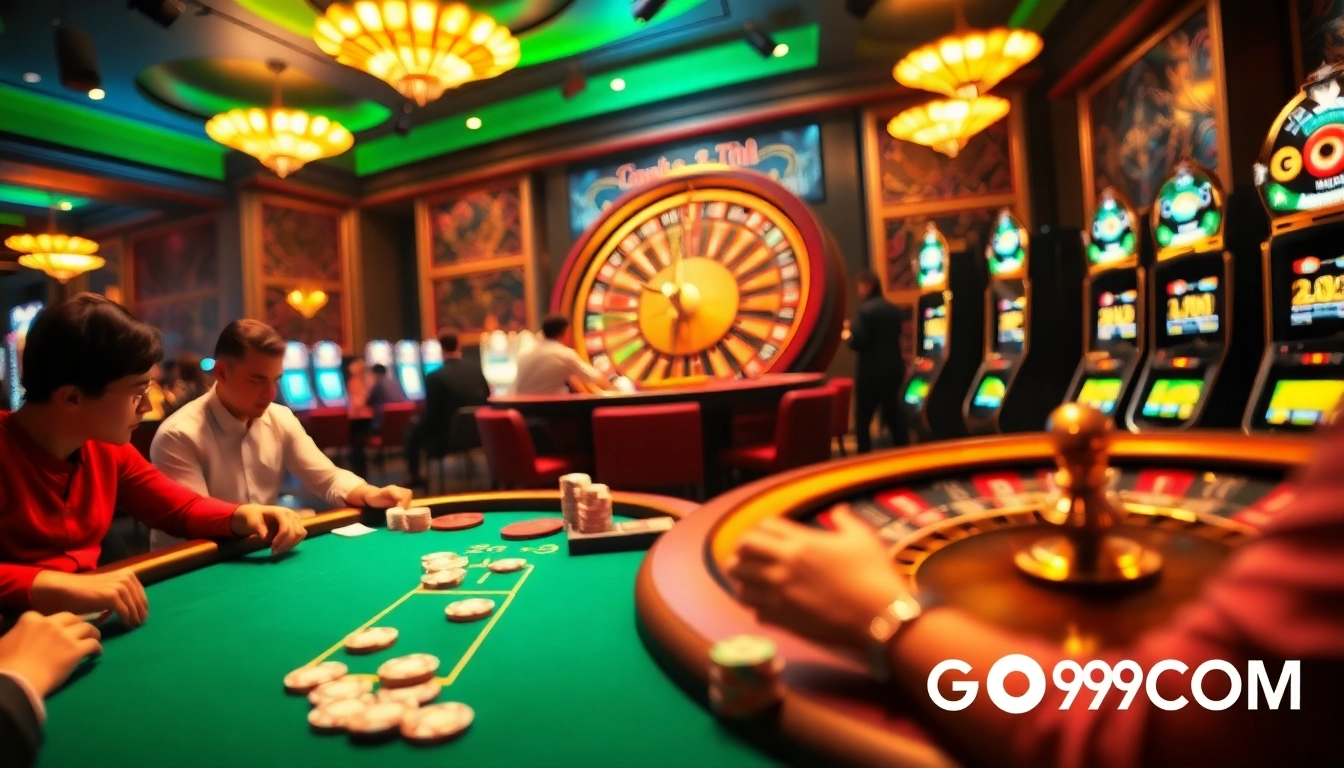 Go99COM players enjoying an exciting game at a vibrant poker table in a lively casino atmosphere.